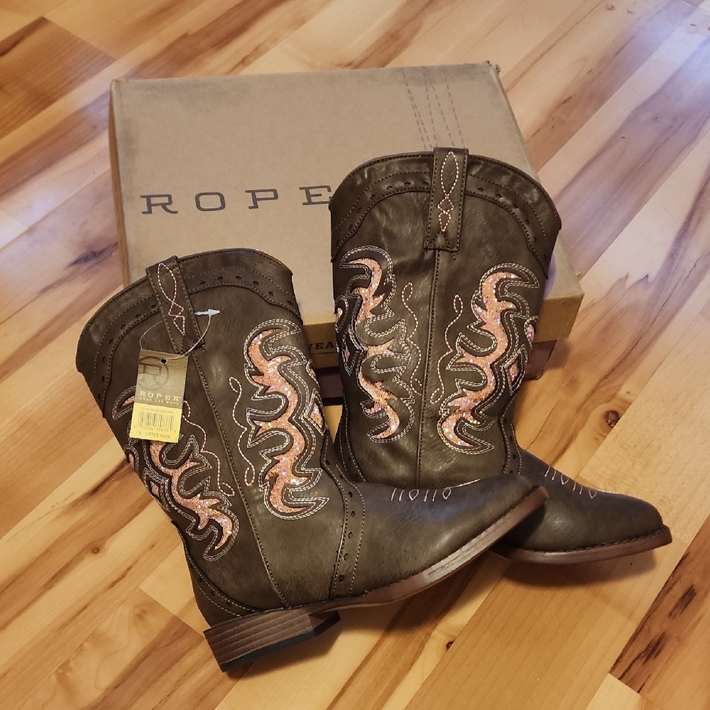 NWT Roper Brown & Pink Glitter Cowboy Boots Size 1 Little Kids